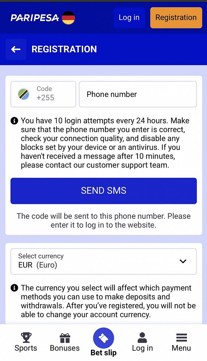 Interface of Paripesa iOS App Tanzania 