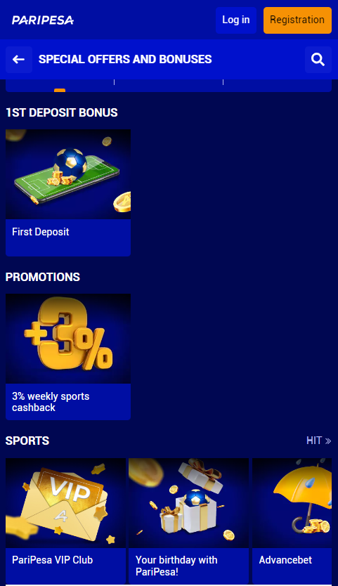 Interface of Paripesa betting mobile version Tanzania 
