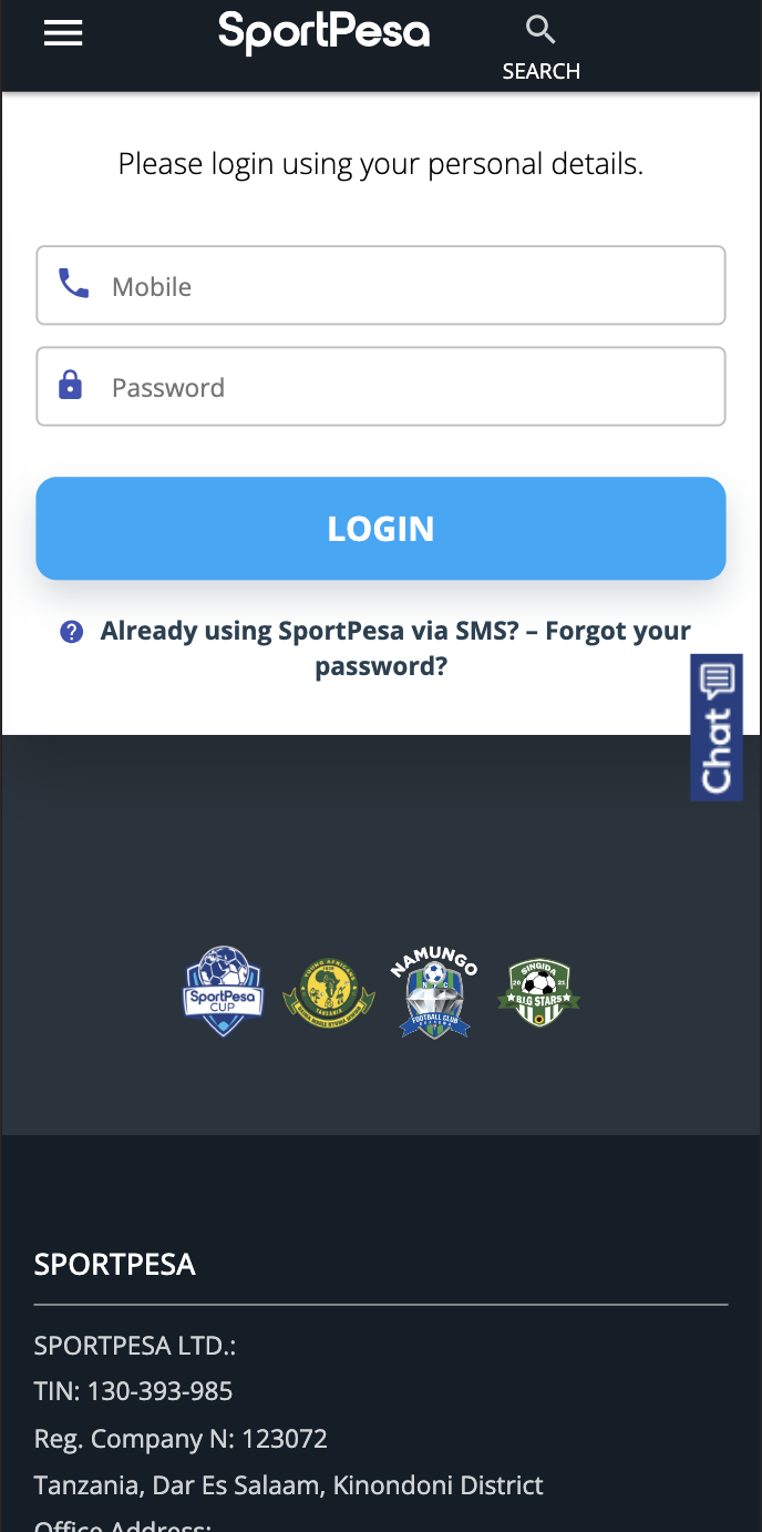 Login of sportpesa Tanzania App