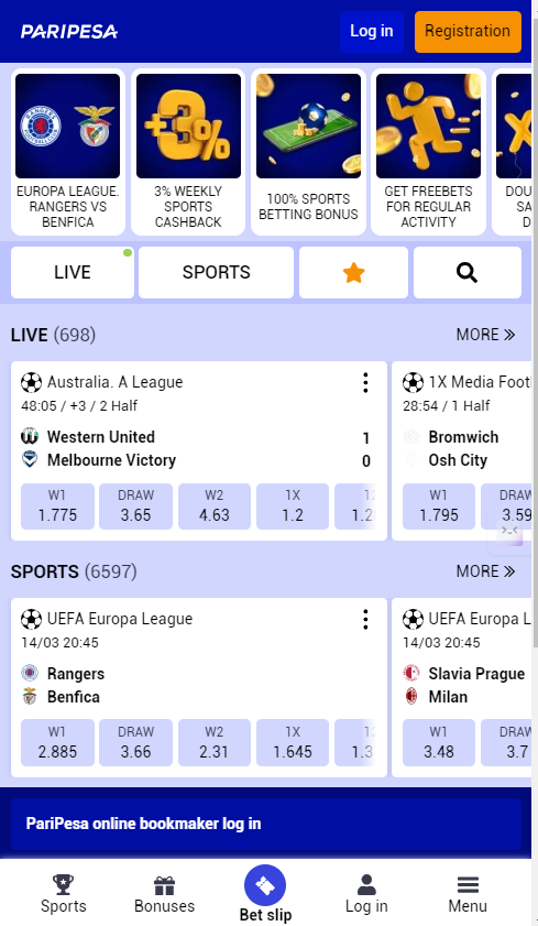 Interface of Paripesa betting mobile version Tanzania 