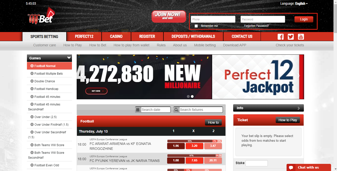 Image showing the details required to log in at M-Bet Tanzania.