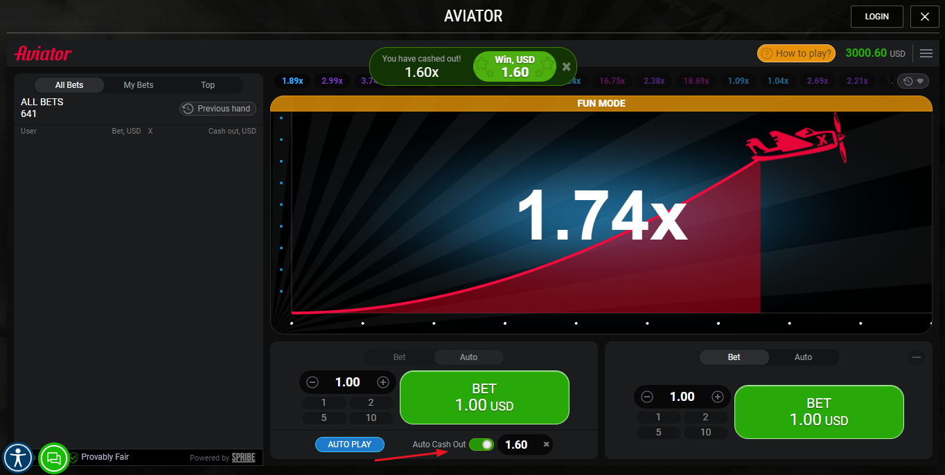 Picture showing the auto cash out feature in the Aviator game at Meridianbet.