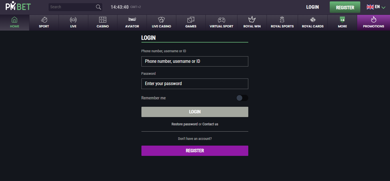 Pmbet login page Image showing Pmbet login page