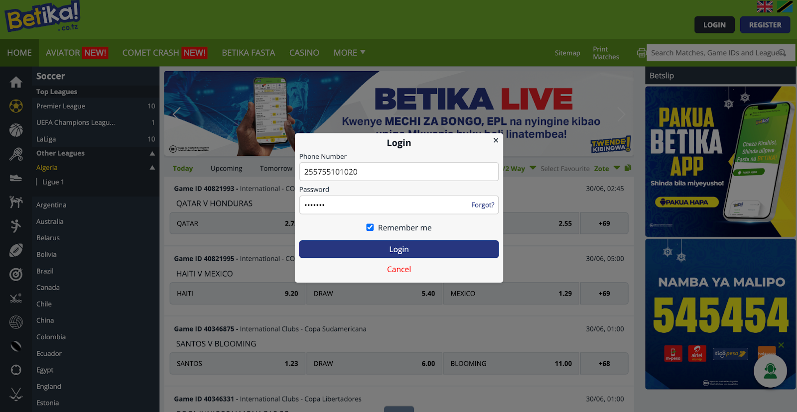 Picture of the Betika Tanzania HomePage with Personal Details