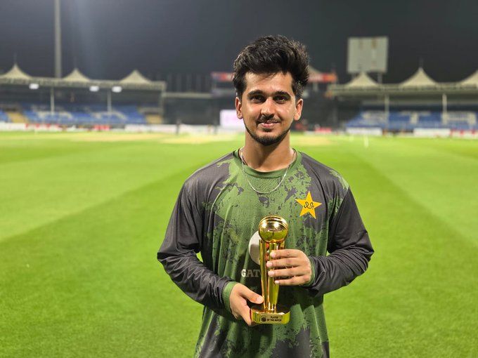 Saim Ayub with the Man of the Match award. @Pakistan Cricket/X Saim Ayub with the Man of the Match award. @Pakistan Cricket/X