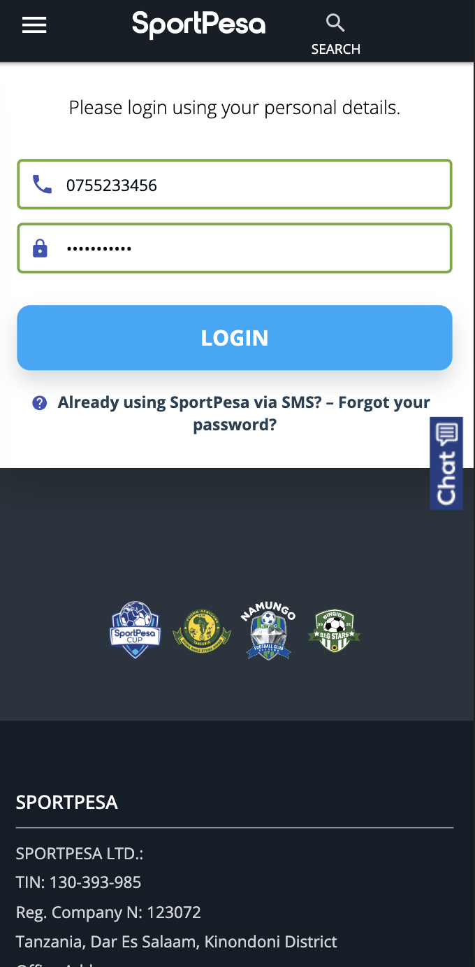 Login of sportpesa Tanzania App