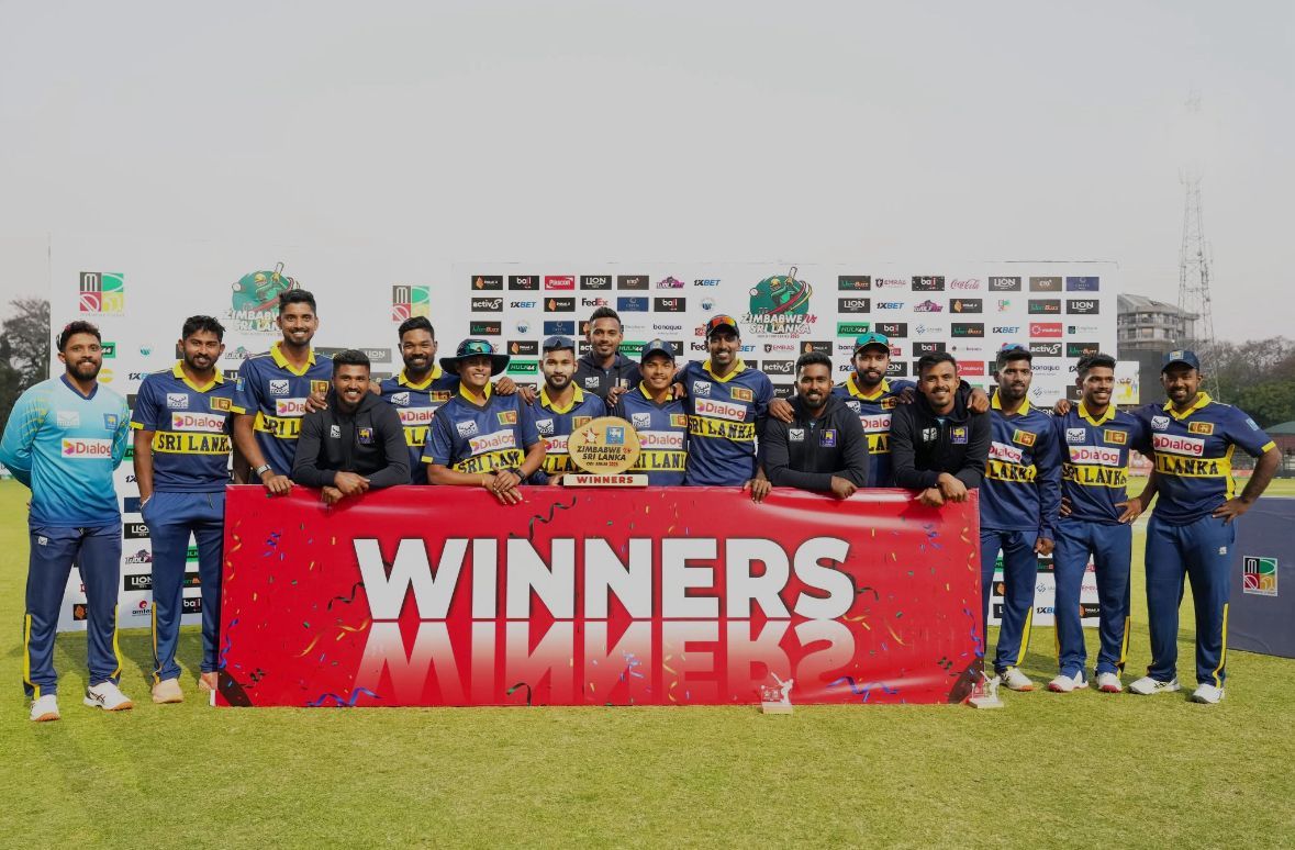 Sri Lanka team celebrate with the trophy. @ Sri Lanka Cricket/X