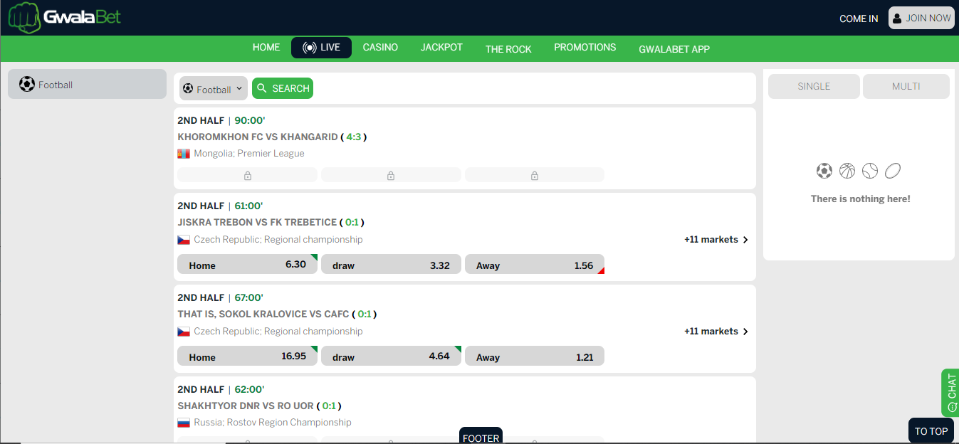 Table shows Gwalabet Tanzania live betting