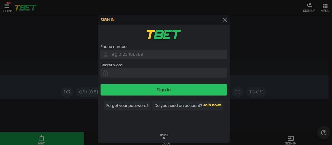 Tbet app: Page for login