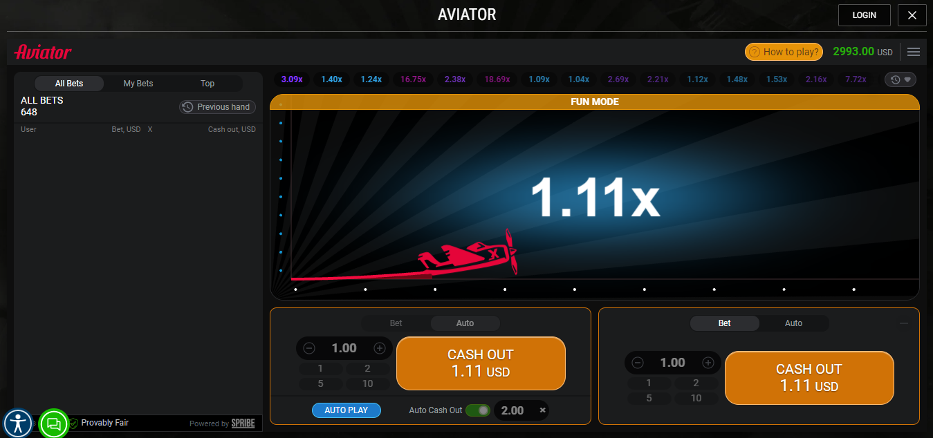Image showing double betting option at Meridianbet Aviator game