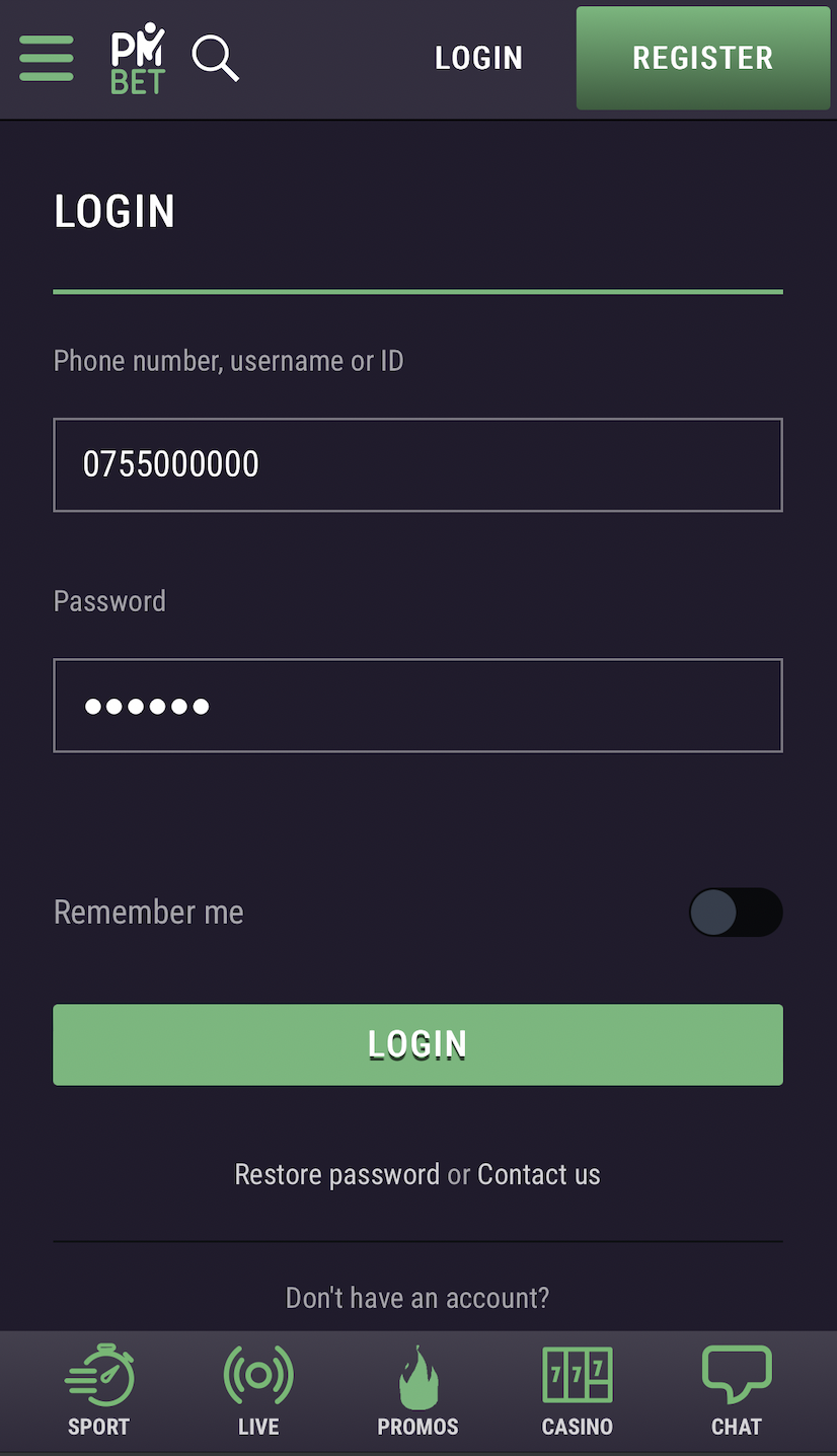 Login of pmbet Tanzania App