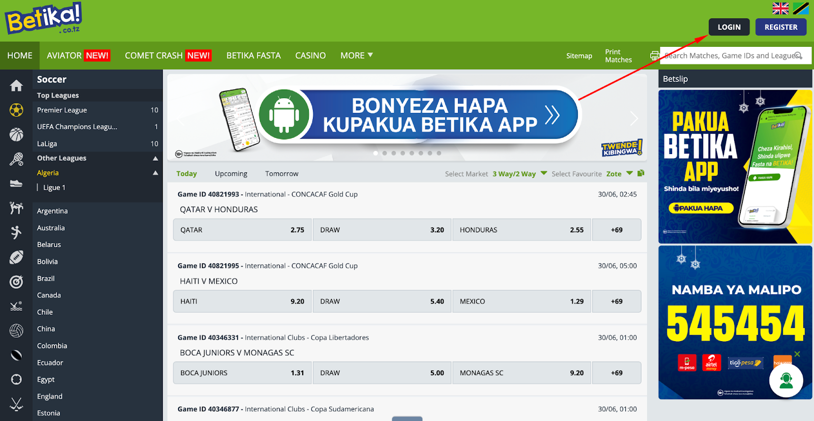 Picture with  arrow pointing at the Login button to login for a Betika Tanzania