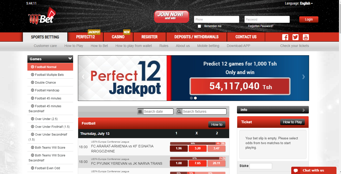 Mbet sportsbook homepage.